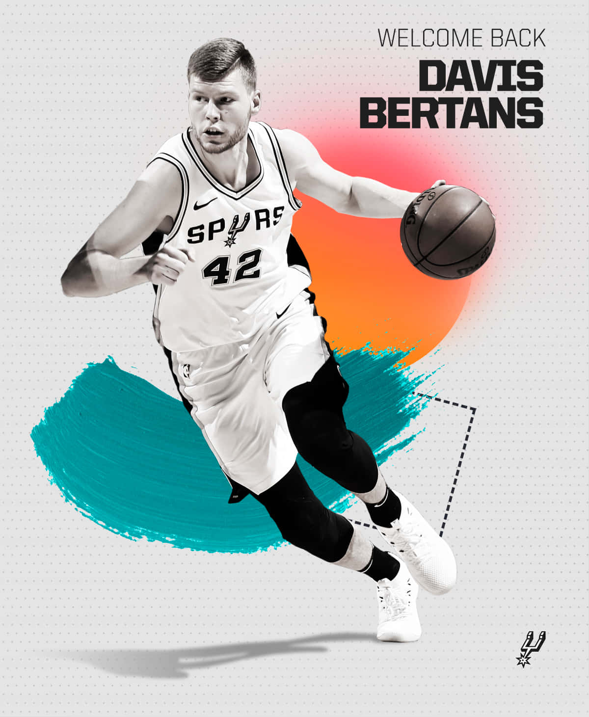 Davis Bertans身穿Spurs制服，以鮮豔的橙色和青綠色筆觸運球。