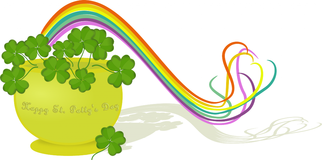 聖帕特里克節_ 金壺_ 彩虹 壁紙 — 一個充滿活力的黃色花盆，裝滿了綠色的四葉草，背後有一道色彩繽紛的彩虹優雅地彎曲。