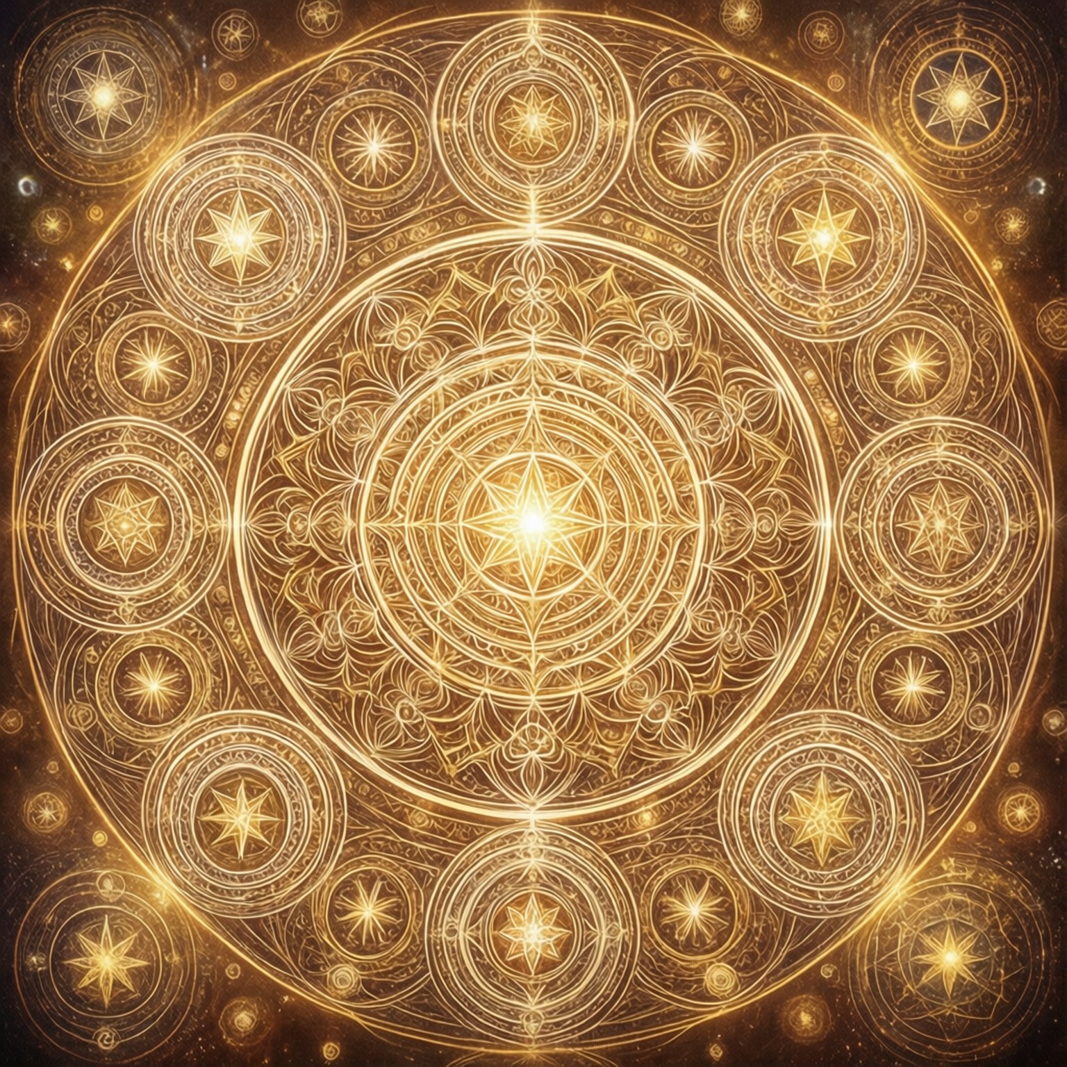 一個發光的金色曼陀羅，帶有星爆和複雜圖案，置於宇宙黑暗背景之上。