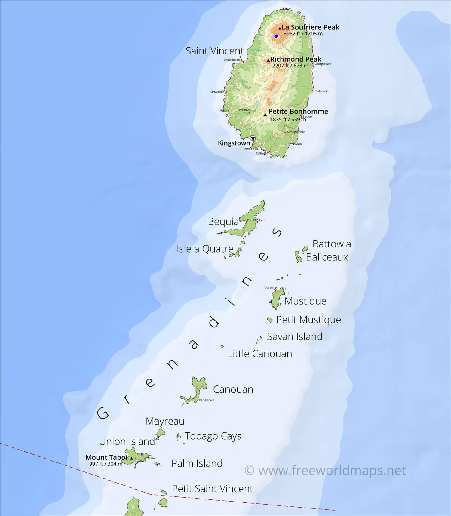 格林納丁斯群島地圖，標有山峰、城鎮和海拔數據。