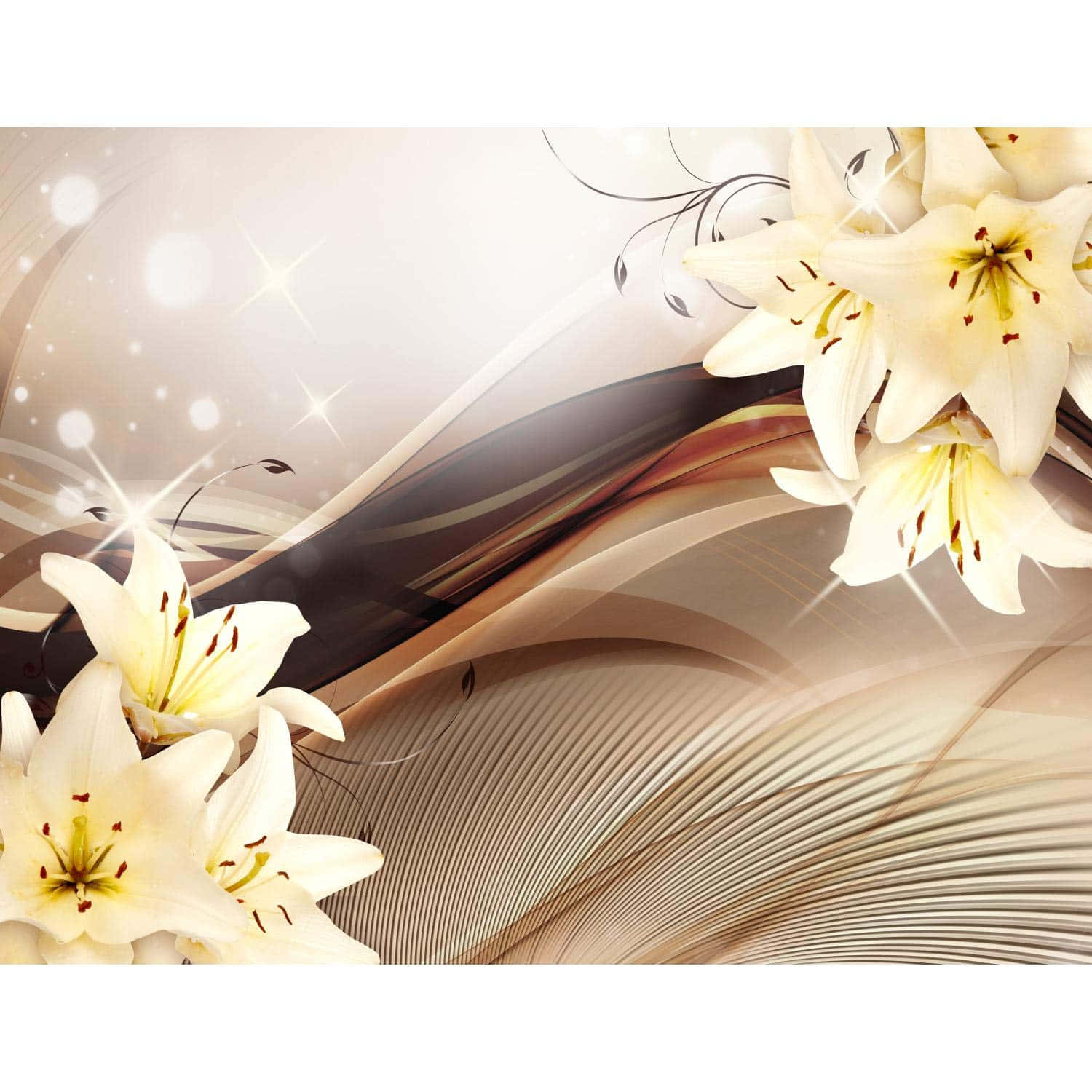 聖母百合米色藝術背景 壁紙 — 優雅的白百合在流動的米色和金色抽象漩渦中綻放，帶有閃爍的光效。