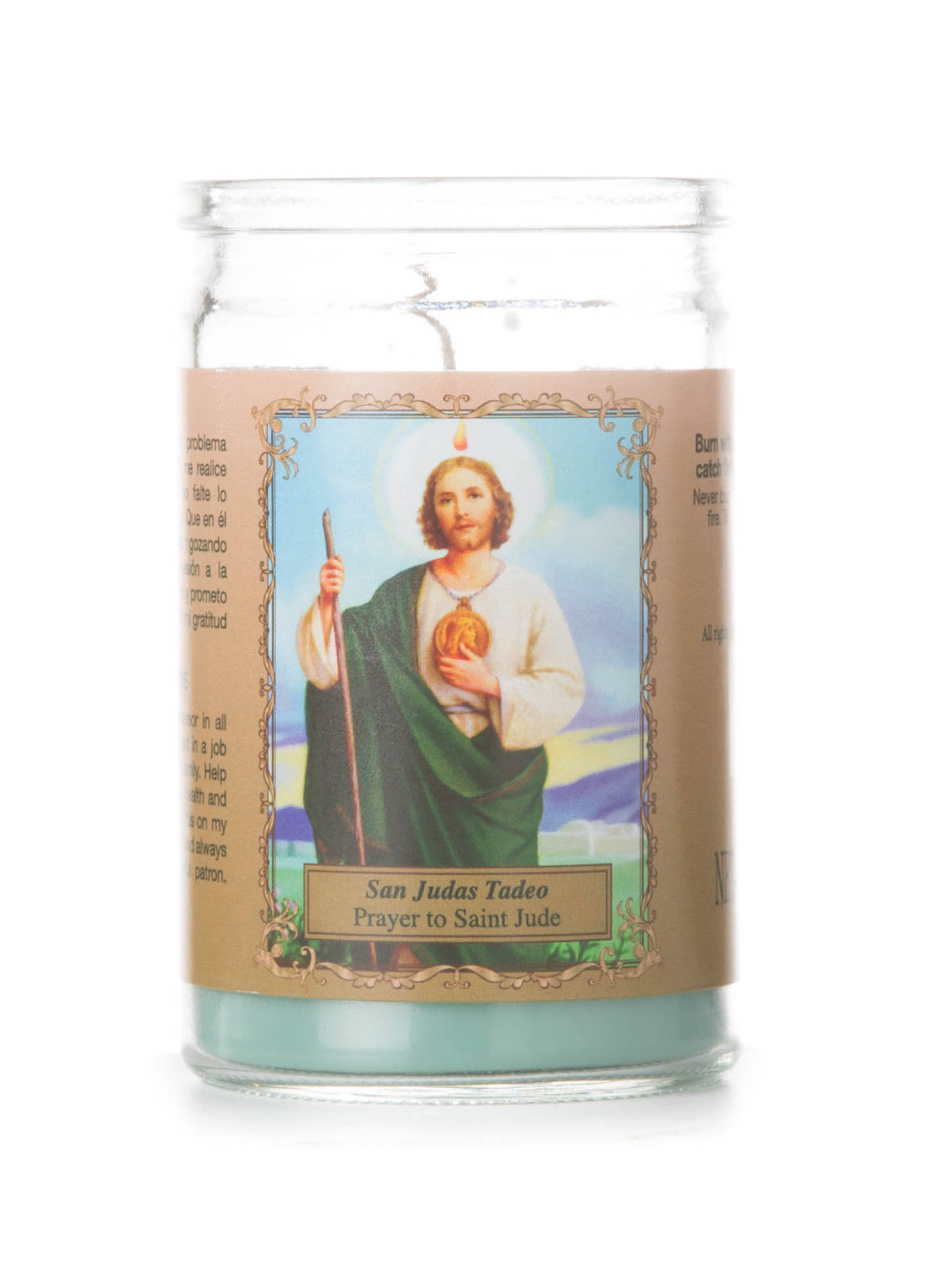 玻璃罐蠟燭標有 San Judas Tadeo，插圖為聖猶達手持杖和心。