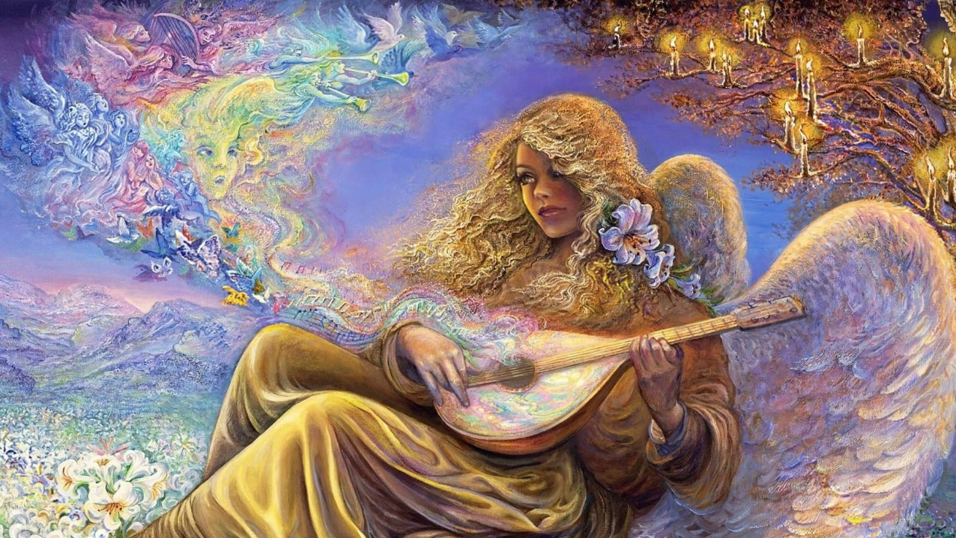 一位擁有金色翅膀的天使在神奇、夢幻般的景觀中彈奏魯特琴，周圍有漂浮的生物。