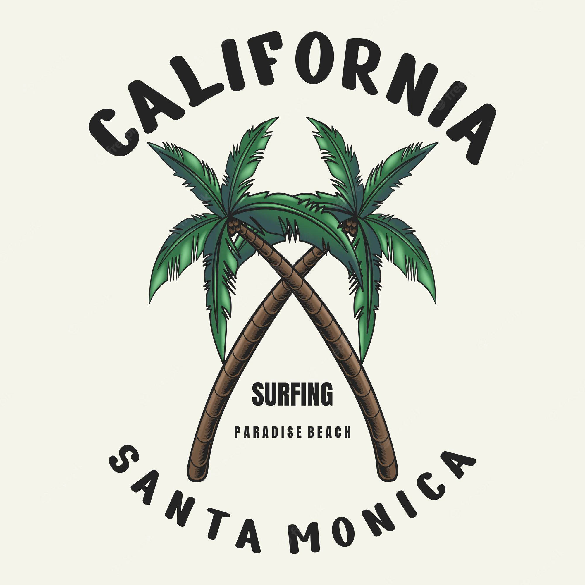 聖莫尼卡交叉棕櫚樹 壁紙 — 兩棵交叉的棕櫚樹，下方有「California」和「Santa Monica」文字，再下方有「Surfing Paradise Beach」。