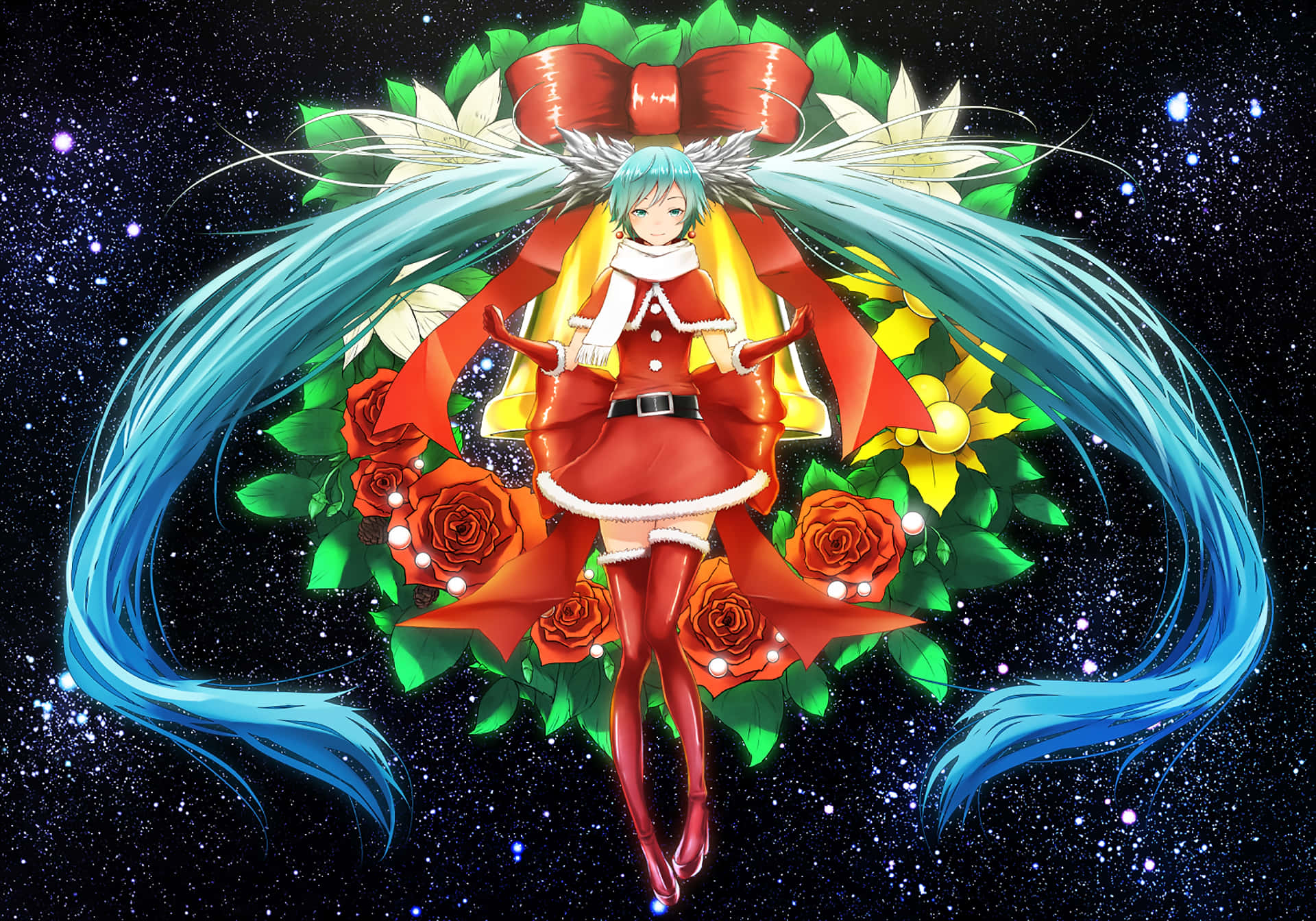 動漫女孩身穿紅色聖誕老人服裝，長長的藍色頭髮，被玫瑰和星星包圍。