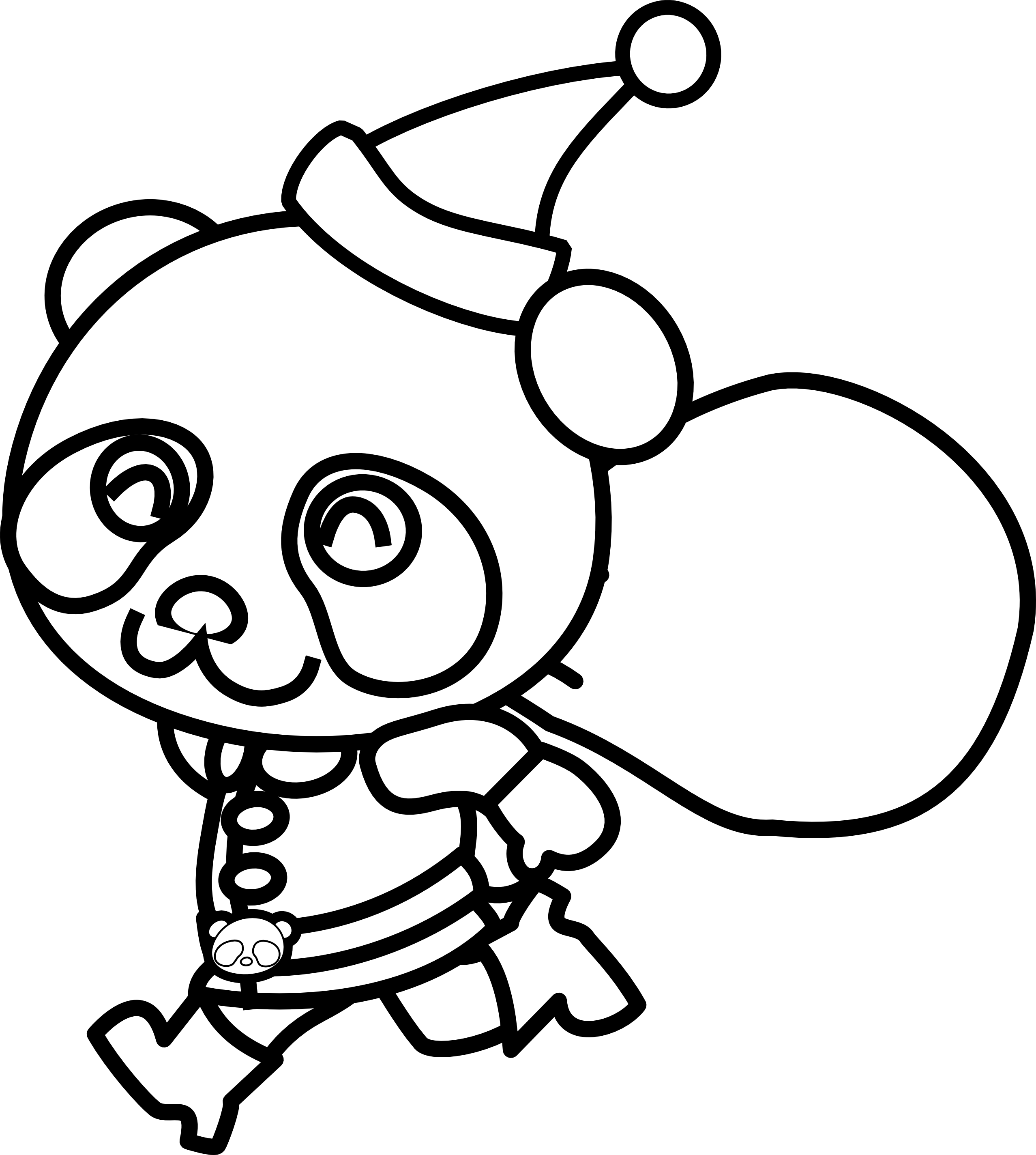 聖誕主題熊貓塗鴉頁 壁紙 — 一隻可愛的卡通熊貓戴著聖誕帽和圍巾，開心地帶著對話氣泡奔跑。