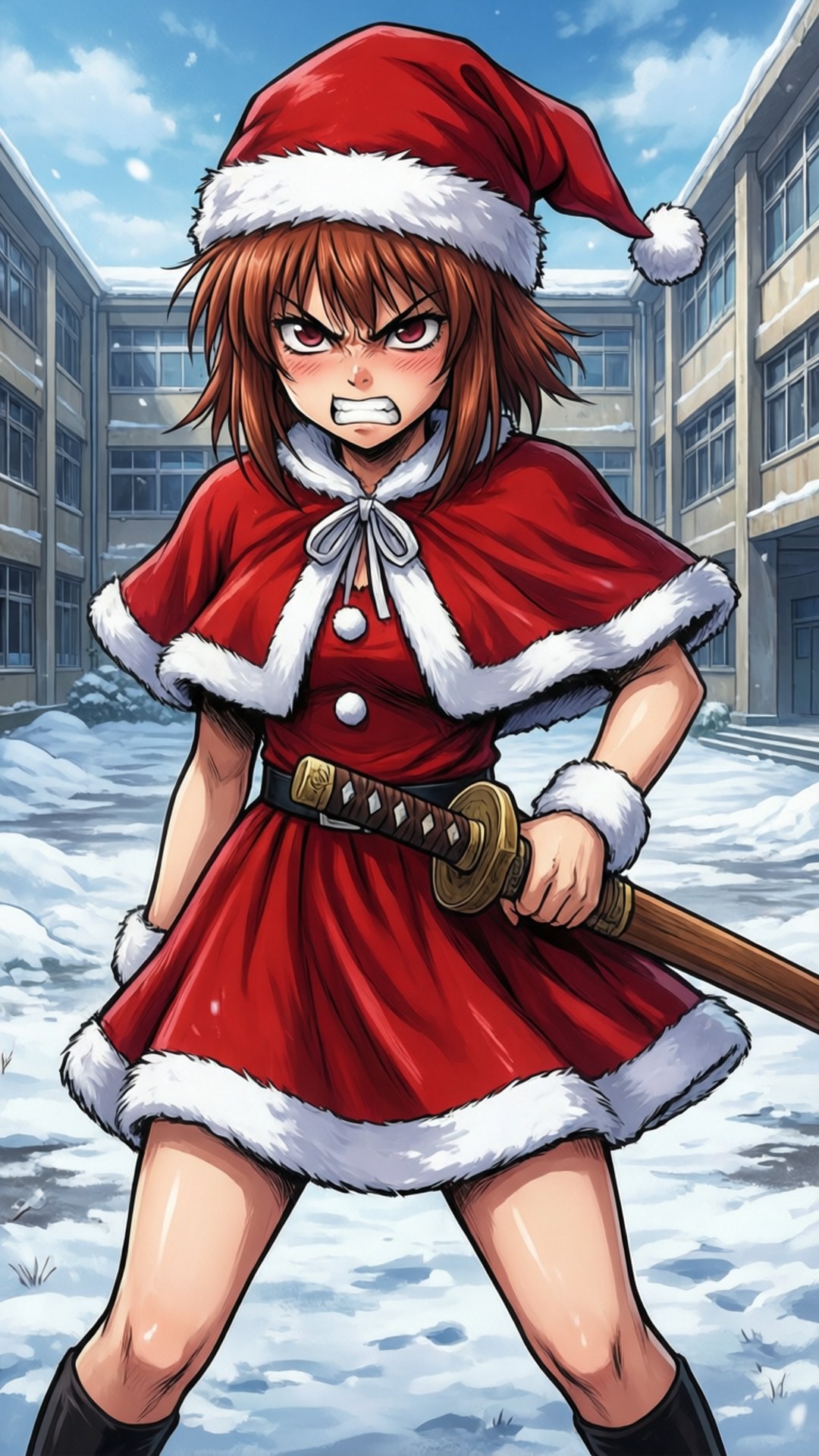 聖誕之虎的怒火 壁紙 — 一個穿著紅色聖誕老人服裝的動漫女孩，在雪地校園裡揮舞著武士刀，表情憤怒。