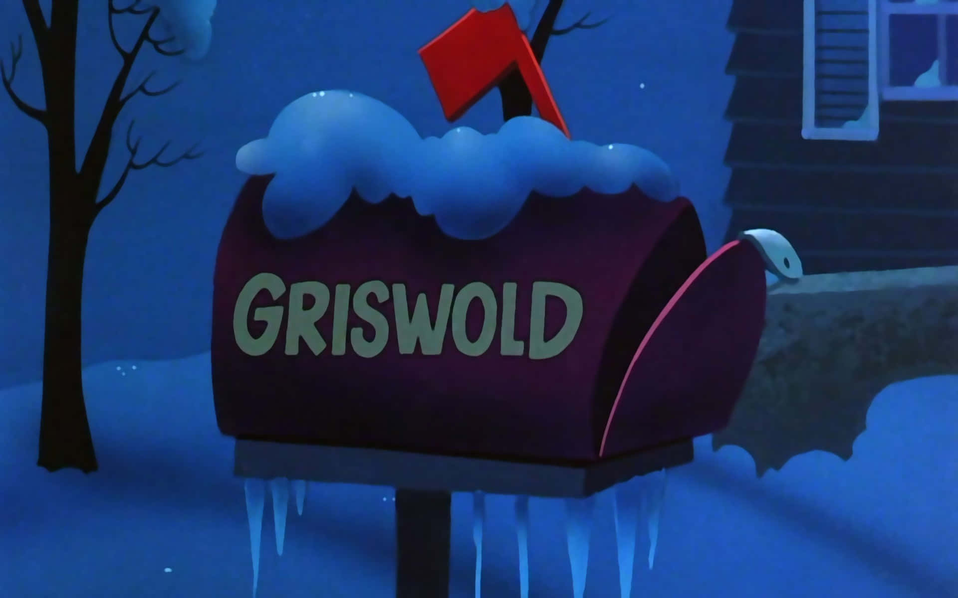 聖誕假期 Zoom 背景 郵筒 壁紙 — 一個被雪覆蓋的紫色郵箱，標有Griswold，夜晚立在結冰的庭院中，掛著冰柱，紅旗升起。