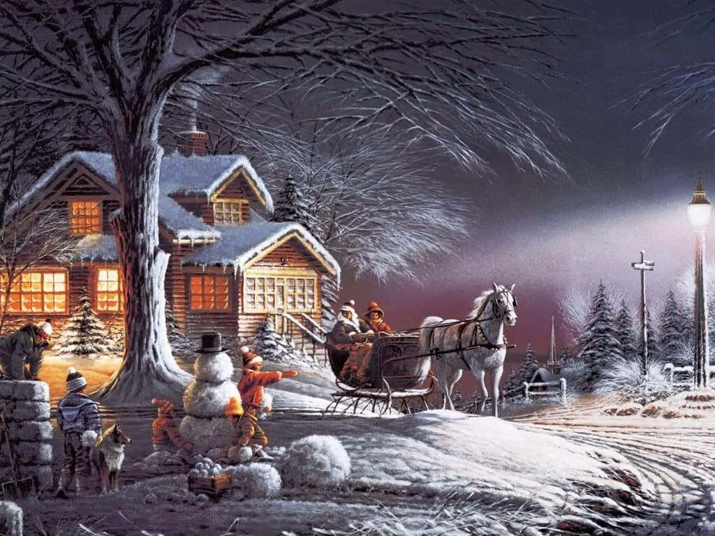 聖誕老人坐雪橇與馬在夜晚經過雪村，附近有孩子和雪人。