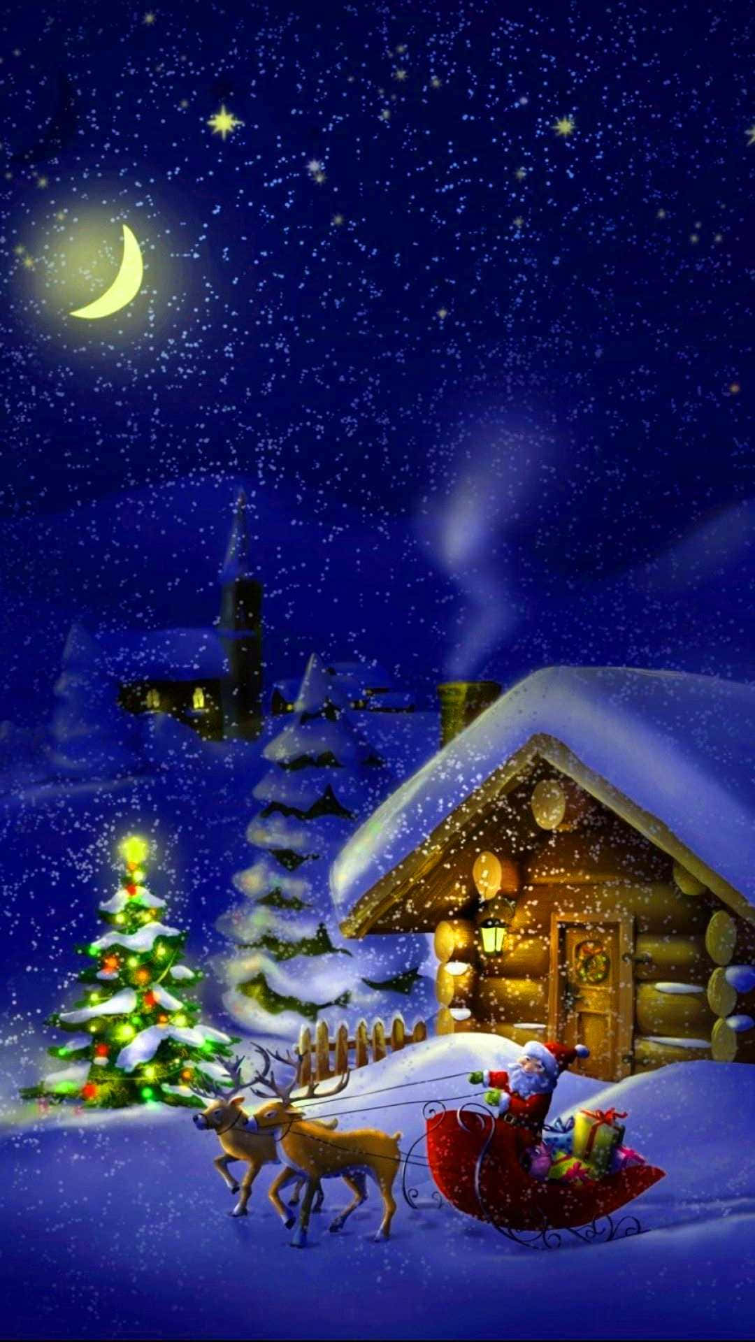 聖誕老人乘坐由馴鹿拉動的雪橇，在星夜下靠近雪屋