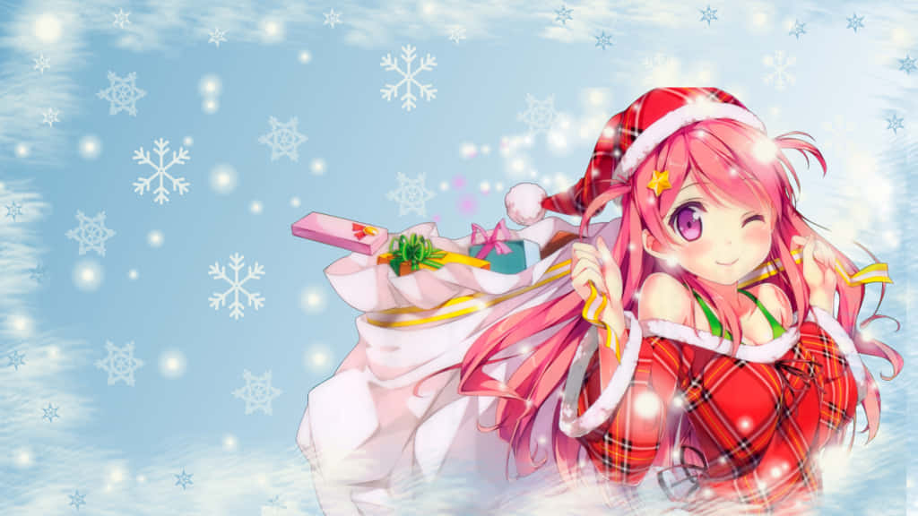 動漫女孩穿著聖誕裝，在雪景中拿著禮物袋
