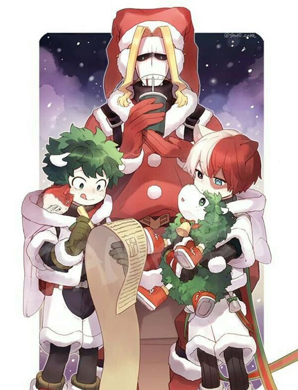 三個動漫角色穿著冬季假期服裝，在雪天下拿著禮物和卷軸。