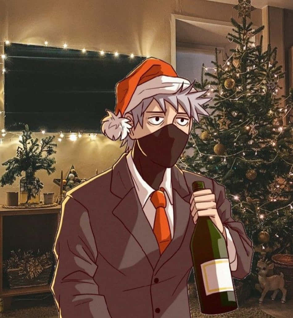 戴聖誕帽和口罩的動漫男子在聖誕樹旁拿著酒瓶。