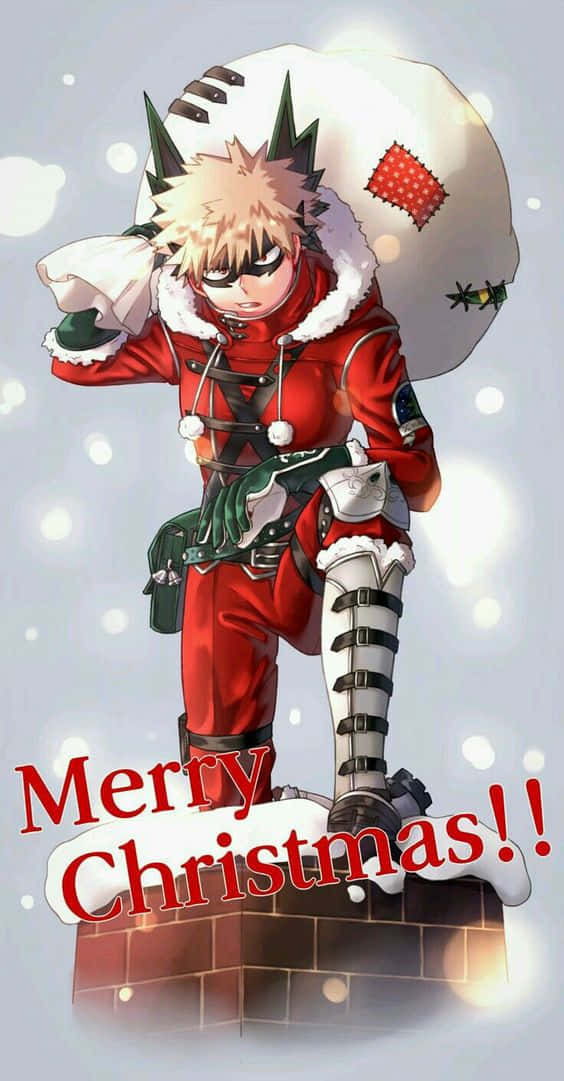 穿著紅色聖誕老人服裝的動漫角色在煙囪上拿著禮物袋，處於下雪的聖誕場景。