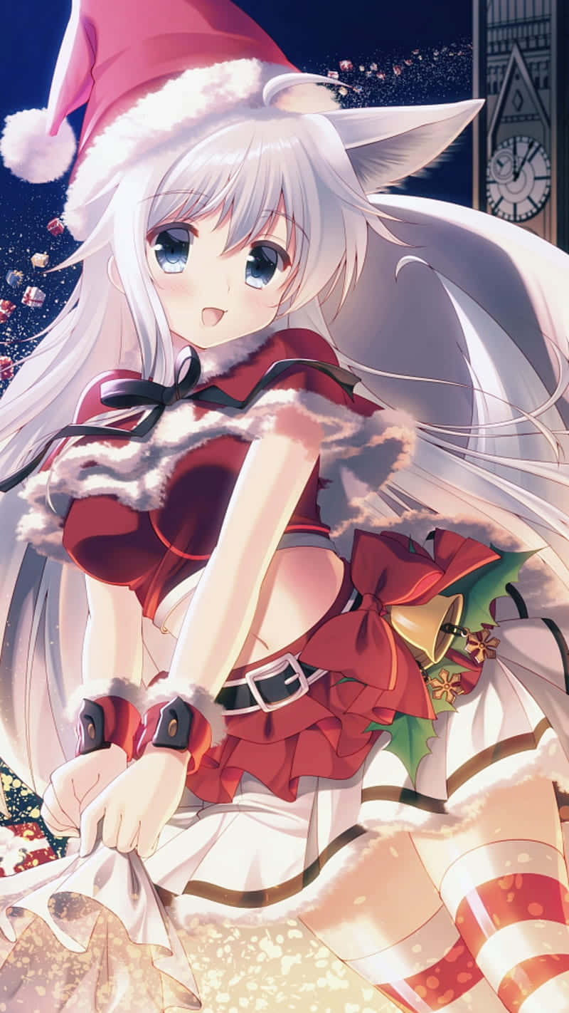 動畫女孩穿著聖誕老人服裝，有狐狸耳朵，在雪夜場景中微笑，靠近鐘樓。