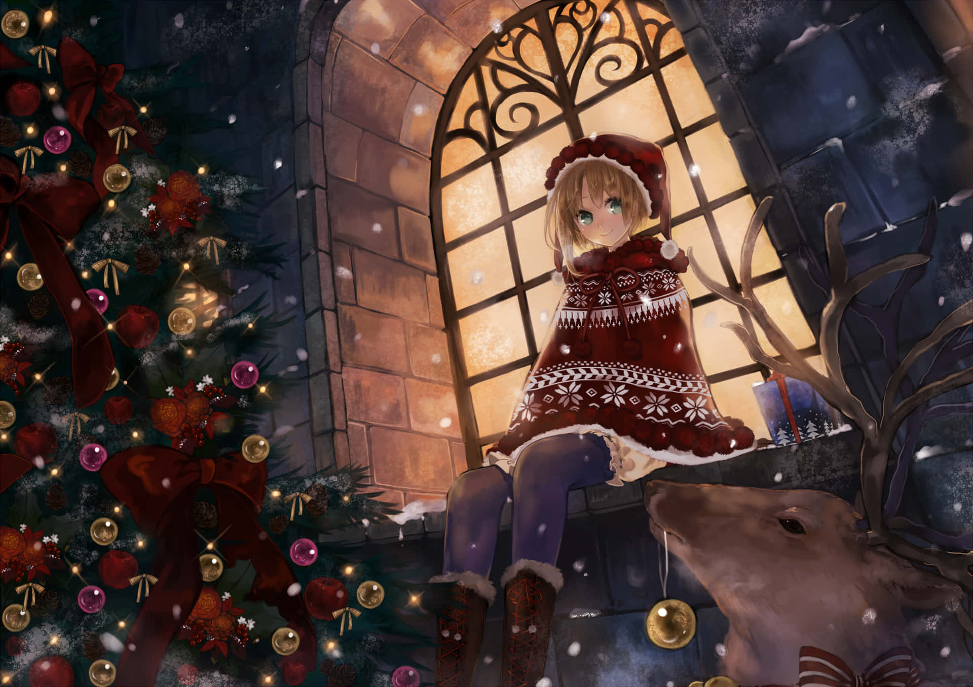 一個穿著冬季服裝的女孩在雪夜裡坐在窗邊，旁邊有聖誕樹和鹿。