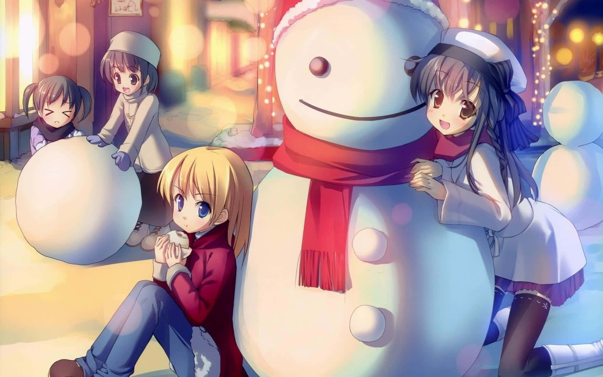 動漫女孩享受冬季，與雪人和節日燈光。