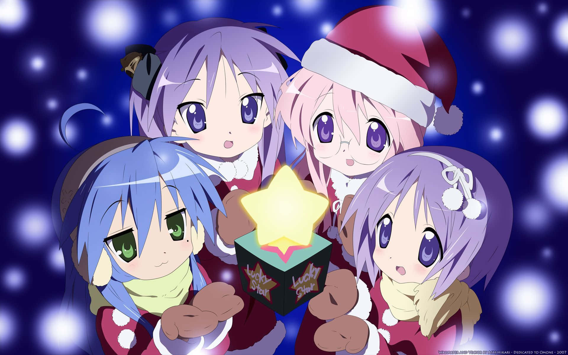 四個穿著冬季服裝的動漫女孩在星空下拿著一個發光的星星盒子。