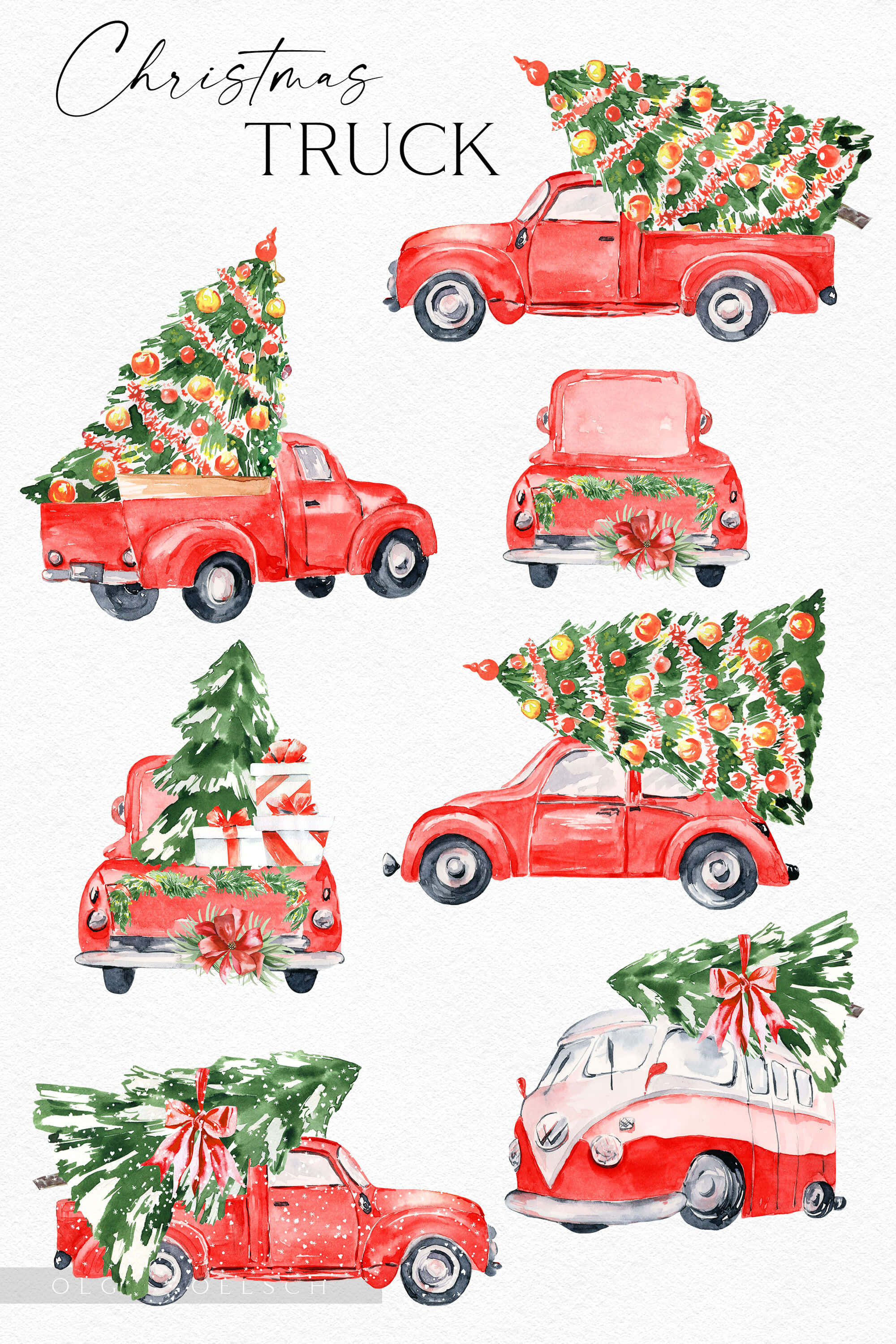 聖誕卡車水彩剪貼畫 壁紙 — 水彩插圖，描繪復古紅色貨車和廂型車運載裝飾著蝴蝶結和飾品的聖誕樹。