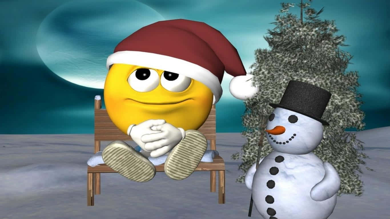 戴住聖誕帽嘅黃色表情符號喺雪夜場景中坐喺雪人旁邊。