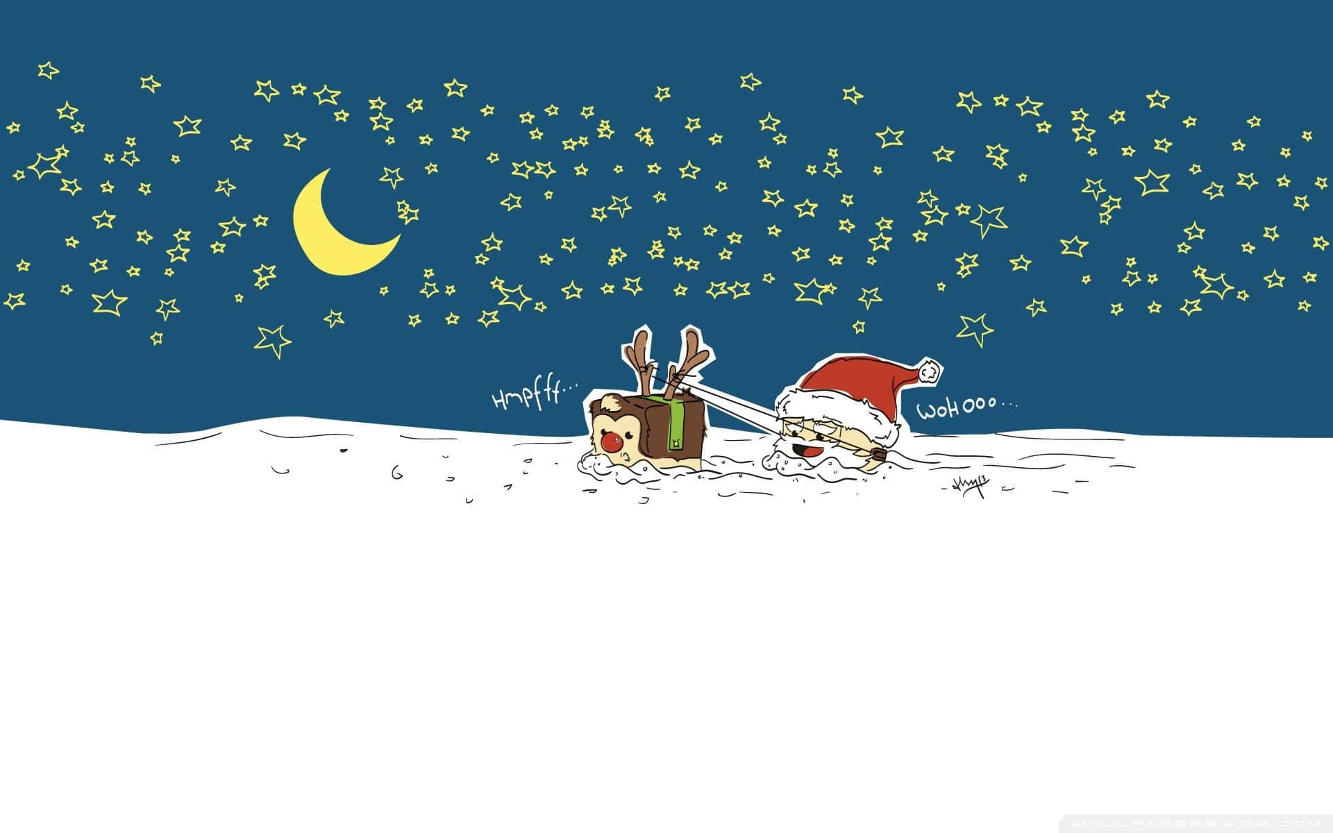 聖誕老人和馴鹿在星夜下，於雪中拉著雪橇。