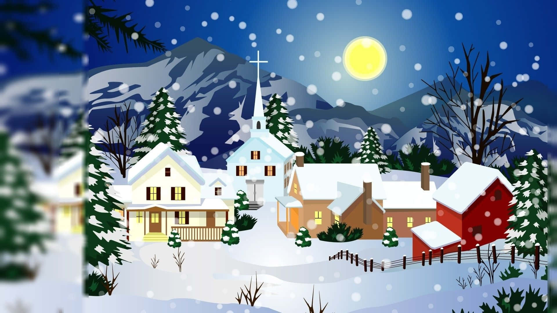 被雪覆蓋的村莊，有亮著燈的窗戶和一座在滿月下的教堂。