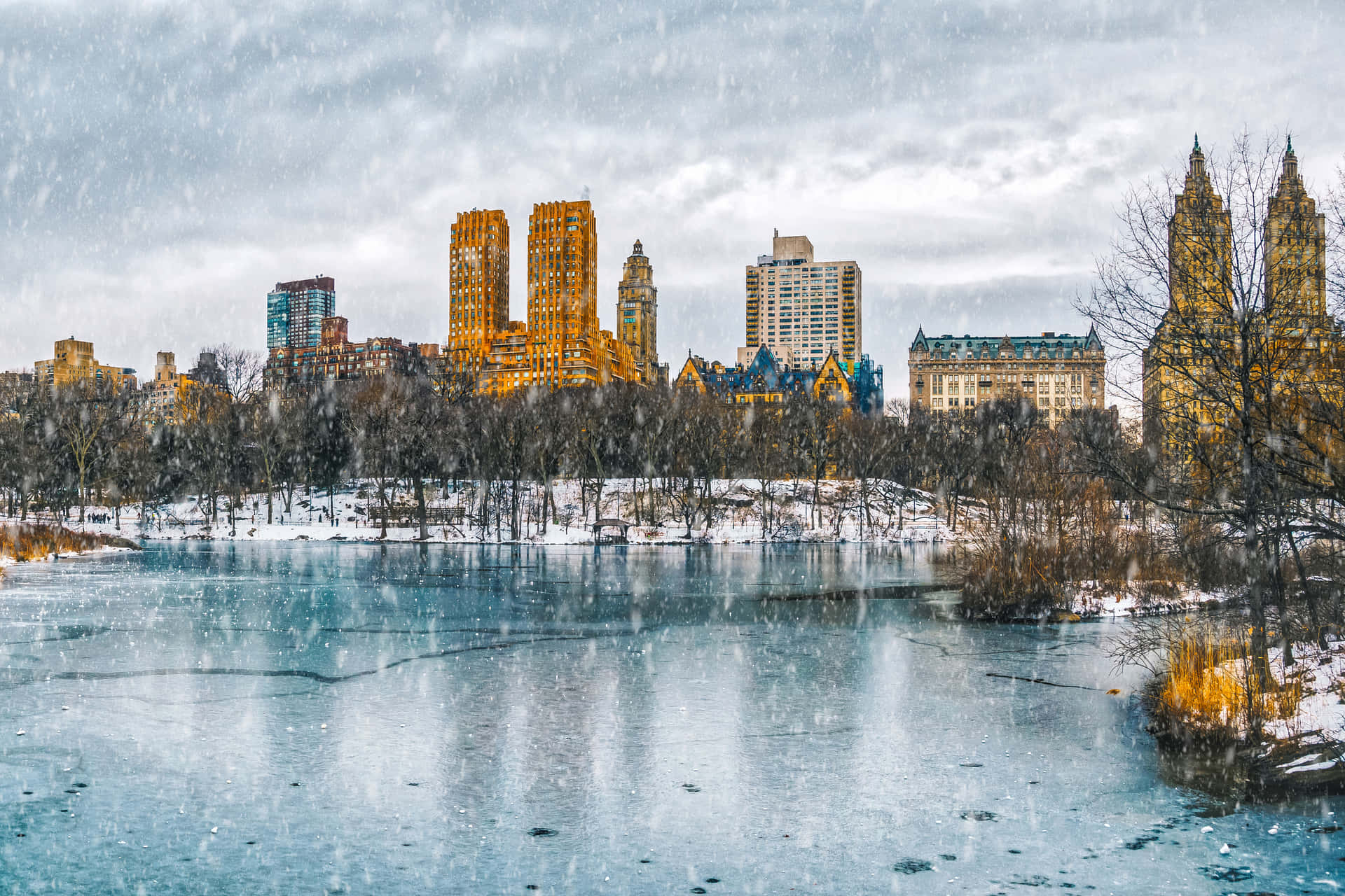 雪覆蓋了中央公園結冰的湖面，光亮的城市建築在光禿樹木後方。