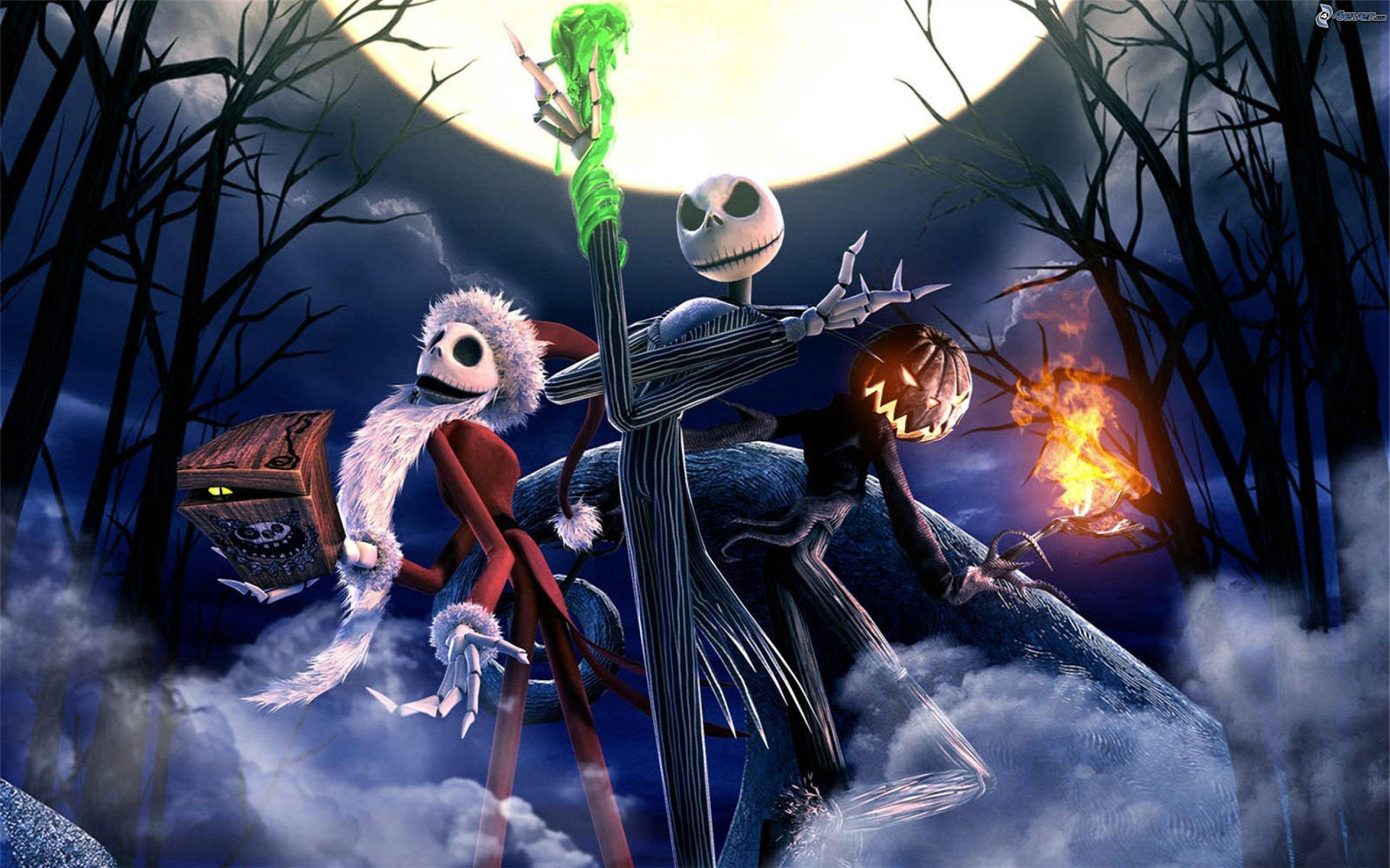 Jack Skellington 和 Sally 在滿月下的夜晚恐怖森林中。