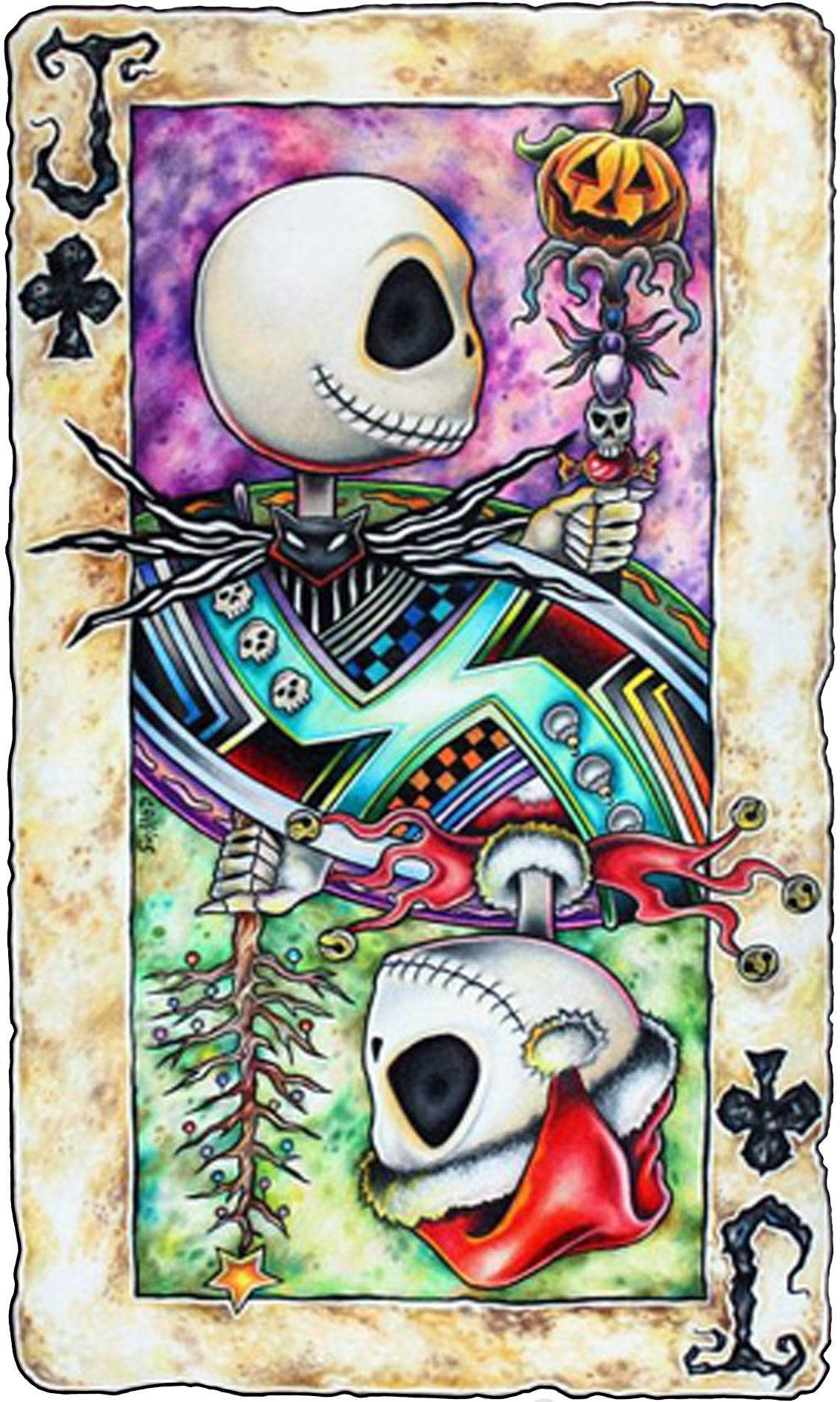 Jack Skellington 喺復古啤牌上拎住南瓜燈同骷髏頭手杖。