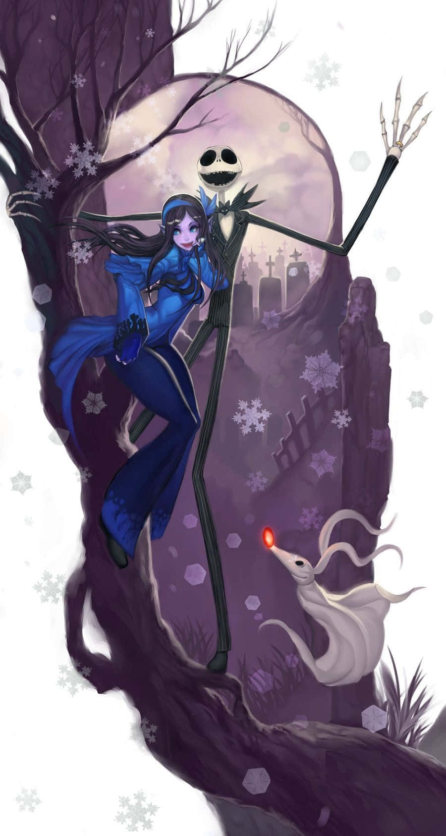 骷髏人物和藍衣女人在雪地墓園與幽靈老鼠在滿月下擺姿勢。