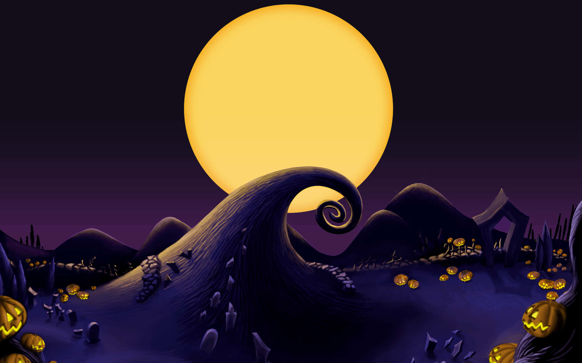 《聖誕夜驚魂》中的憂傷莎莉 壁紙 — 在巨型黃色月亮下，一個充滿奇思妙想的萬聖節景觀，有發光的南瓜燈和扭曲的紫色山丘。