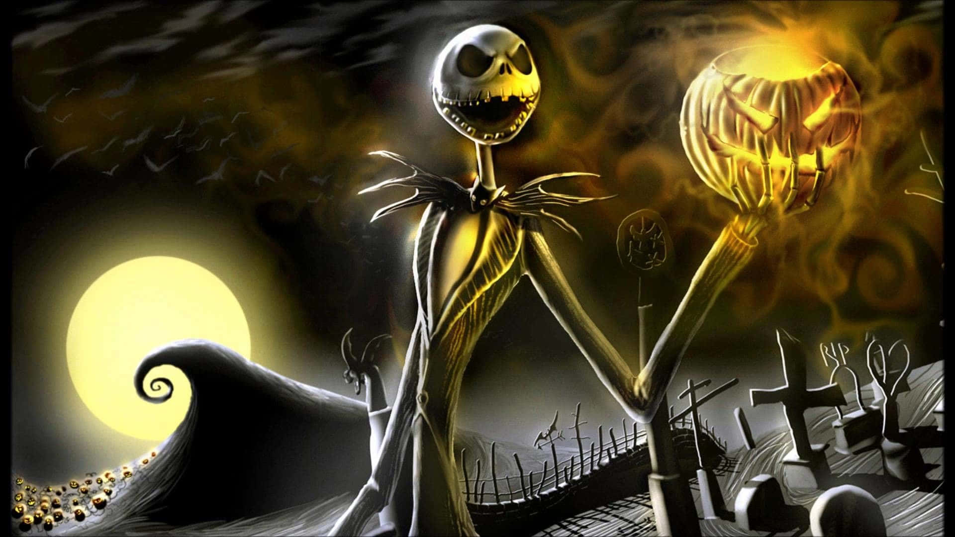 《聖誕夜驚魂》中的莎莉 壁紙 — Jack Skellington 喺滿月同旋轉嘅烏雲下，拎住一個發光嘅南瓜燈對住一個恐怖嘅墓地。