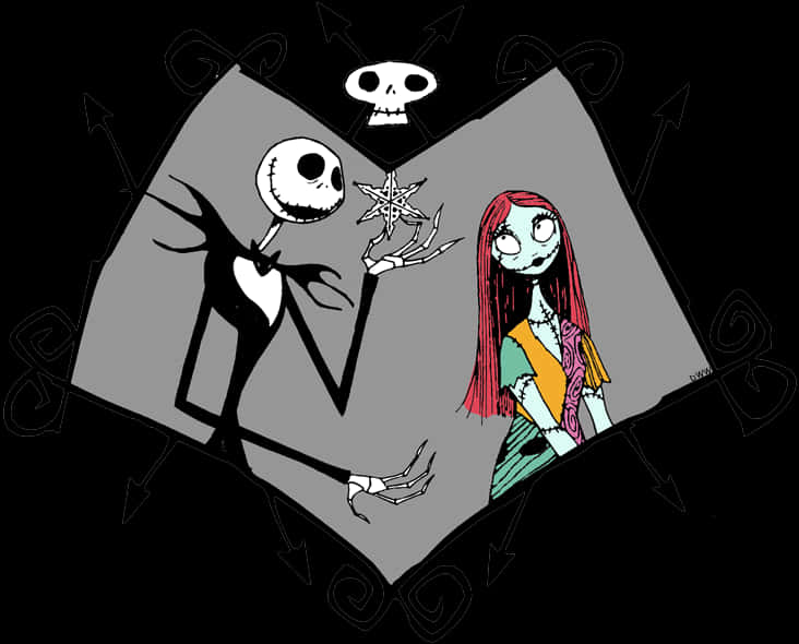 《聖誕夜驚魂》傑克與莎莉藝術畫 壁紙 — Jack Skellington 和 Sally 一起站在一個由箭頭和骷髏頭框住的詭異風格插圖中。
