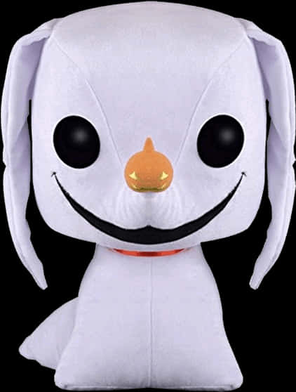《聖誕夜驚魂》毛絨玩具 壁紙 — 一個白色毛絨玩具，有大黑眼睛、南瓜鼻子和寬闊的黑微笑，背景為黑色。