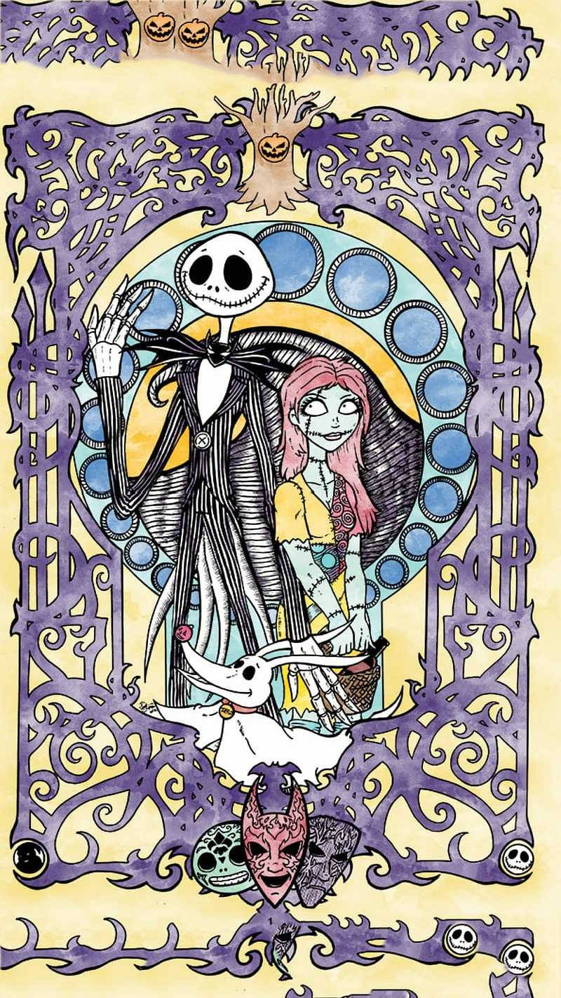 Jack Skellington 和 Sally 在一個帶有骷髏頭和南瓜的萬聖節主題裝飾畫框中。