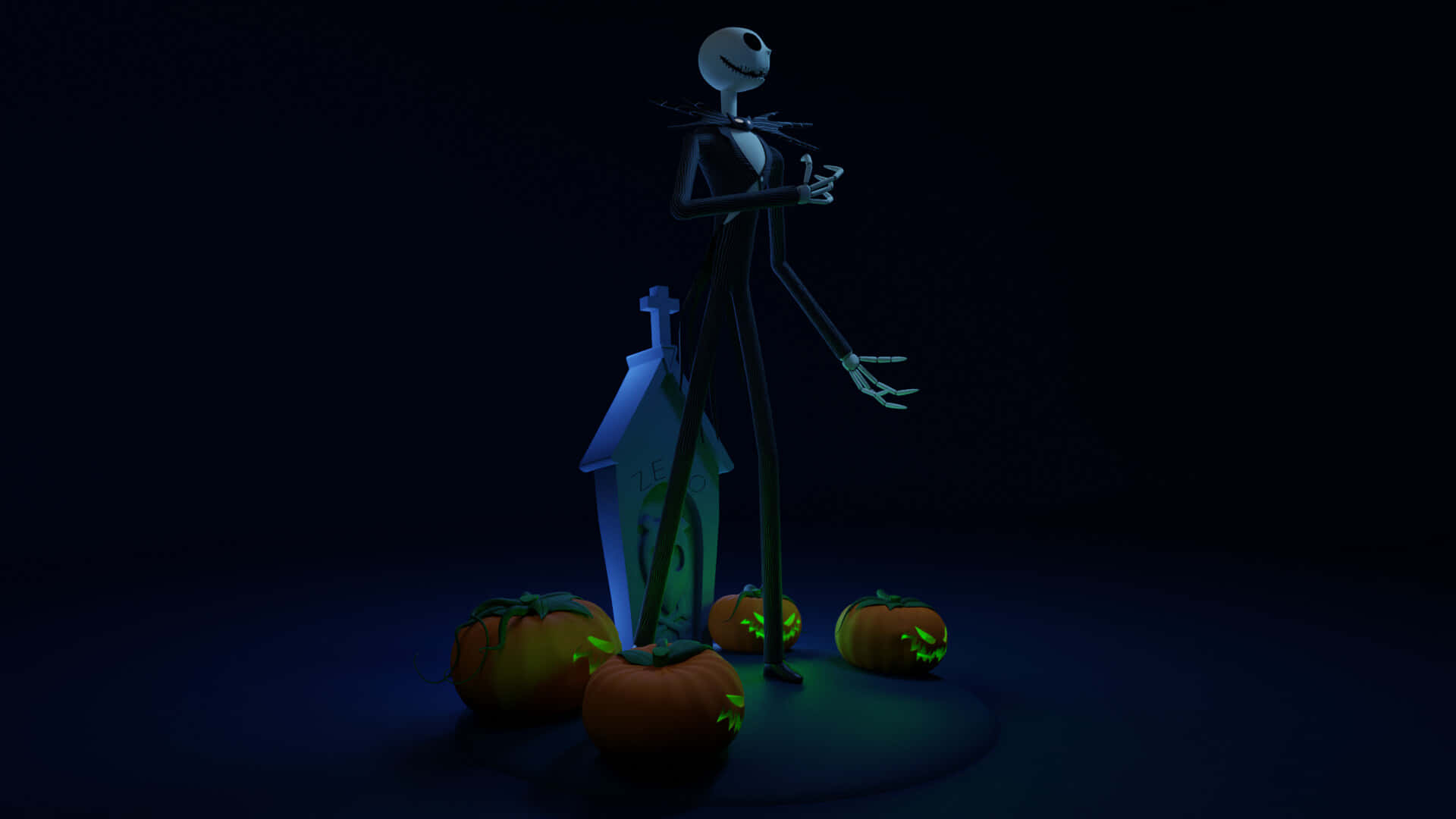 Jack Skellington 企喺墓碑同發光南瓜旁邊，喺深藍色虛空入面。