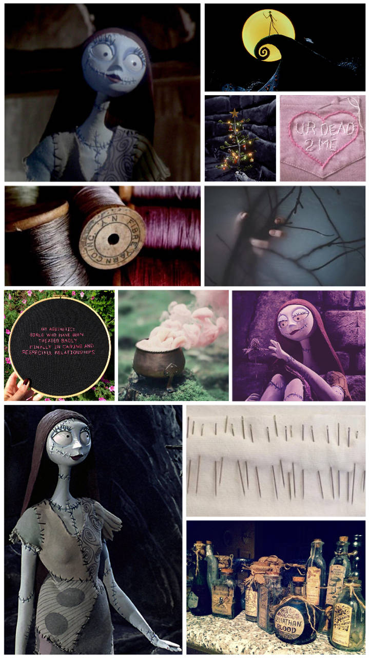 Sally 和 Jack Skellington 的拼貼畫，包含萬聖節手工藝品和藥水瓶。