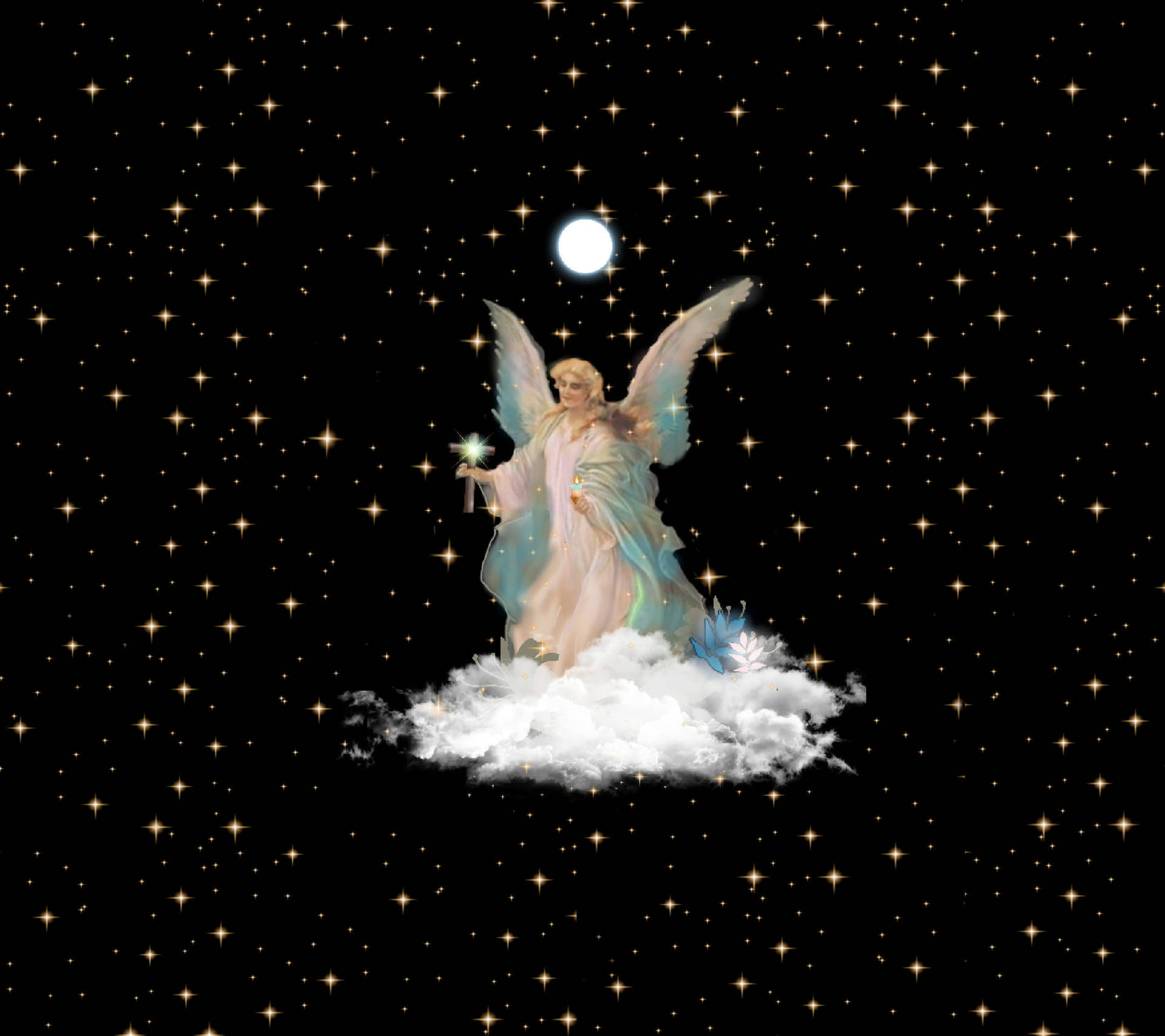 一個擁有發光翅膀和杖的天使，在滿月的星空夜空下漂浮在雲上。