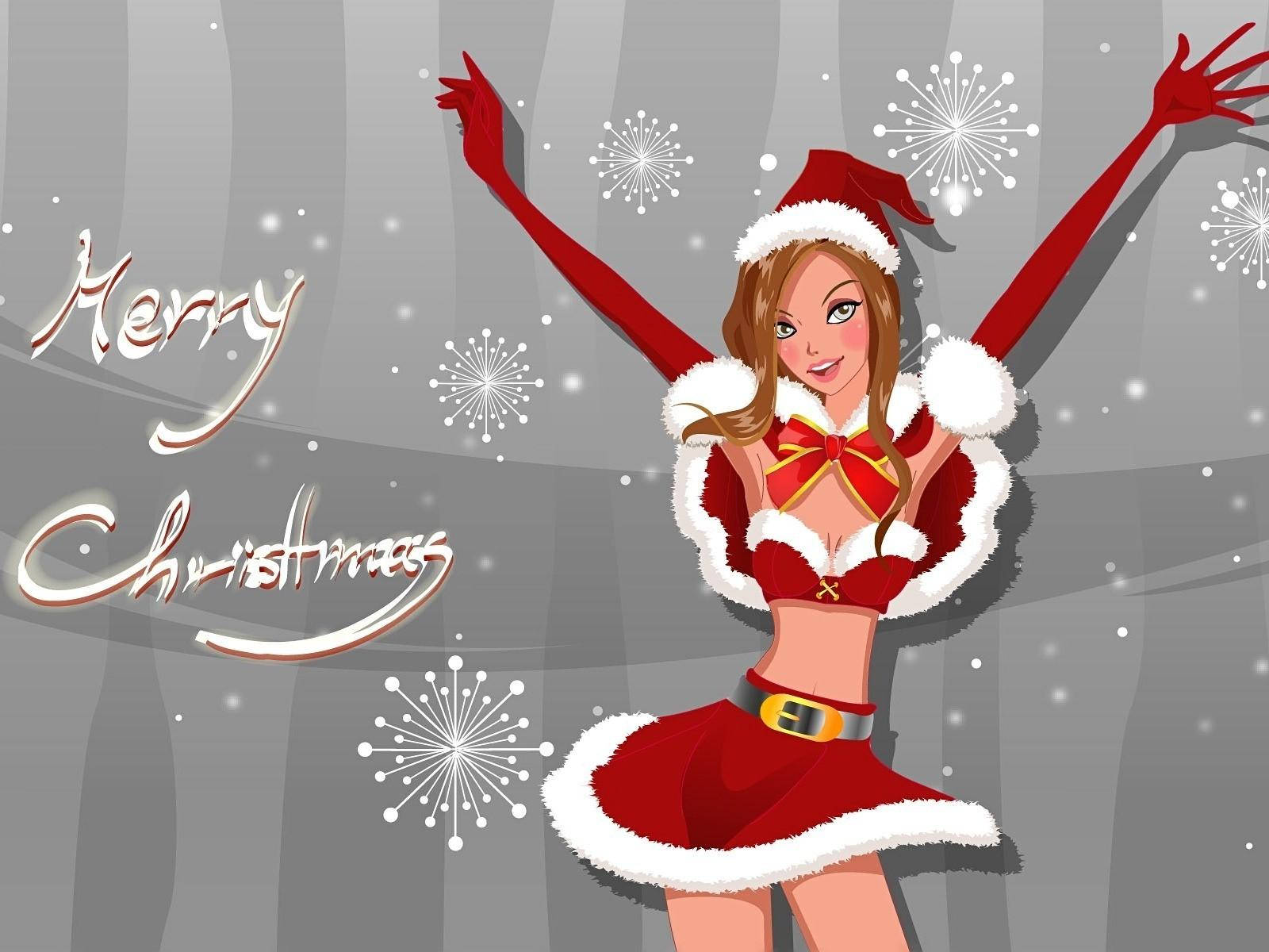 一個節日卡通女人穿著聖誕老人服裝，與雪花和'Merry Christmas'文字一起跳舞。