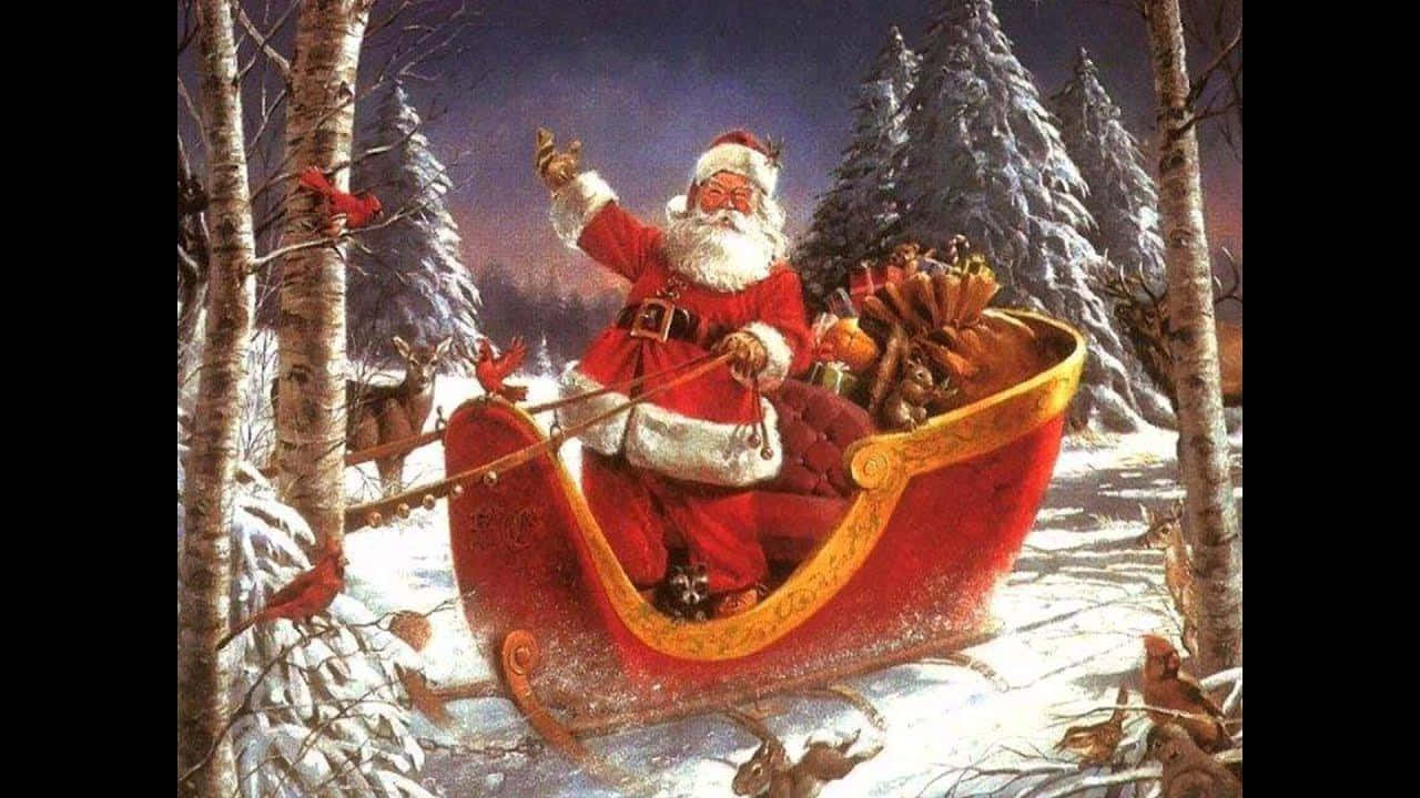 聖誕老人在黃昏時分的雪地森林中從雪橇上揮手。