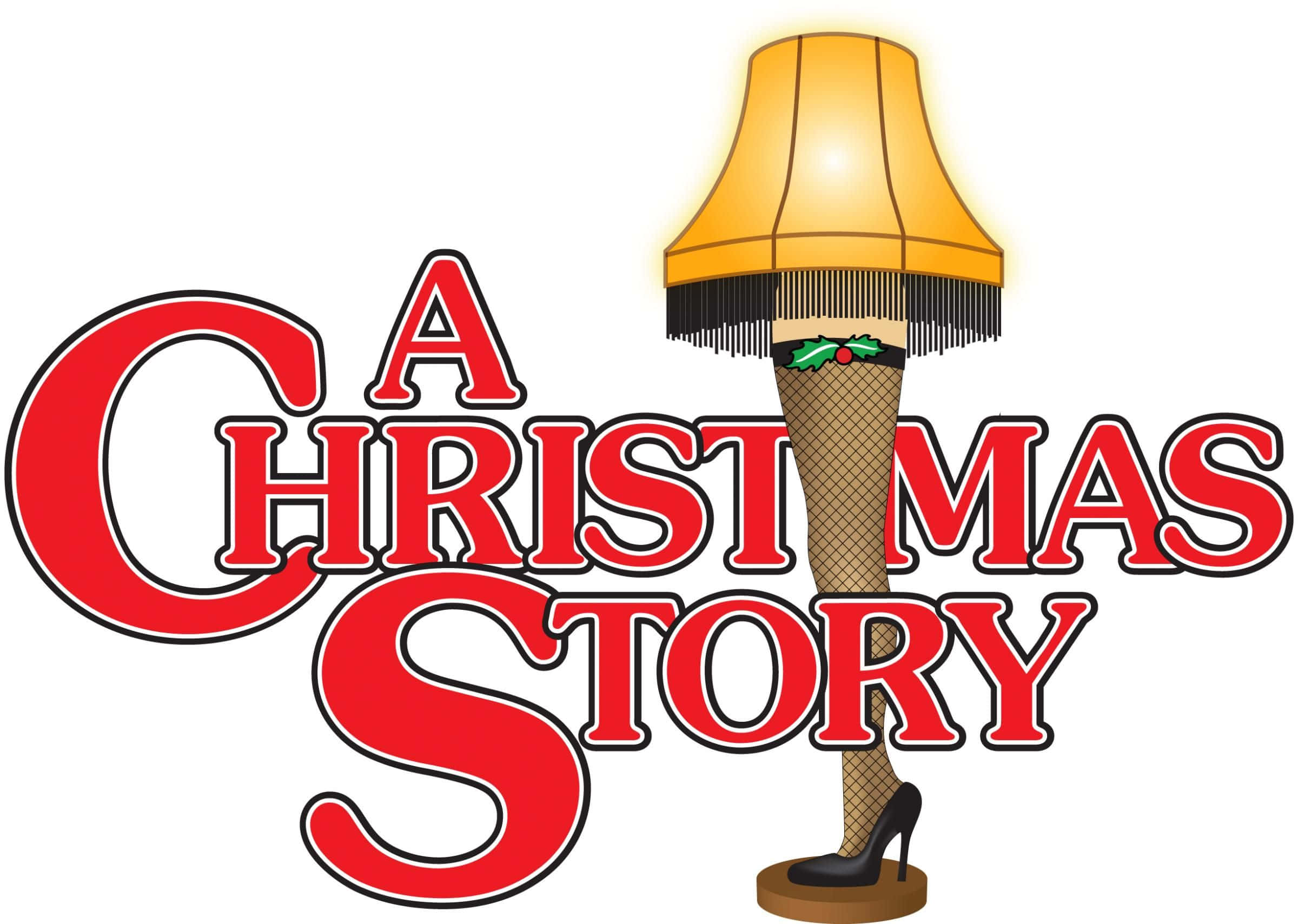 聖誕季節空氣中飄散著特別的魔法 壁紙 — 《A Christmas Story》標誌，特色是帶有魚網絲襪和冬青腰帶的腿部燈飾，在白色背景上溫暖發光。