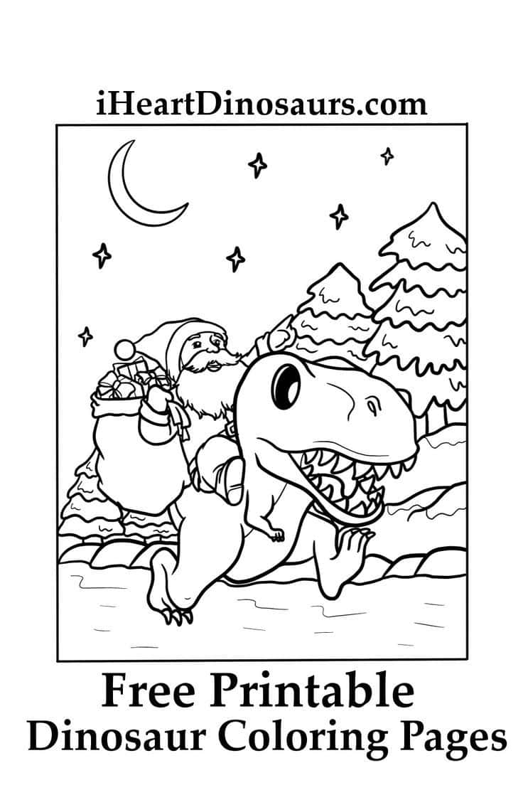 聖誕老人夜晚騎著T-Rex穿過雪地森林。