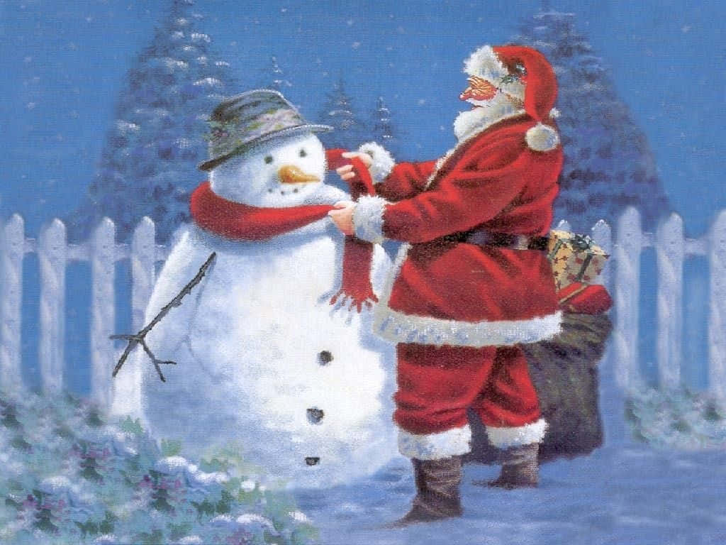 聖誕老人喺雪地庭院入面用紅色圍巾幫雪人裝扮。