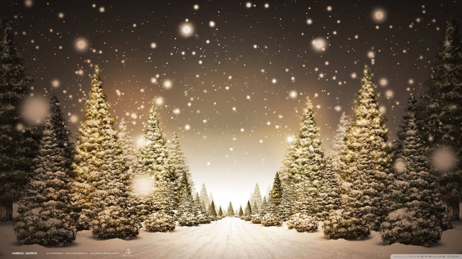 積雪的松樹排列在小徑兩旁，上方是星光閃爍的冬日天空，伴有發光的燈光。