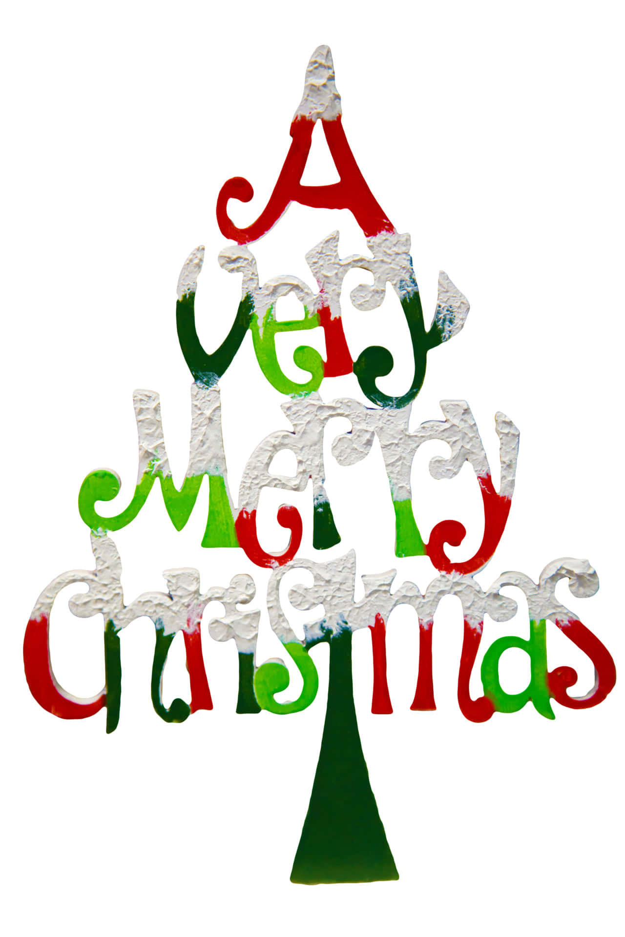 聖誕樹造型的「Merry Christmas」字樣 壁紙 — 一個由塗上紅、綠、白色字母拼出「A Very Merry Christmas」的節日聖誕樹剪影。