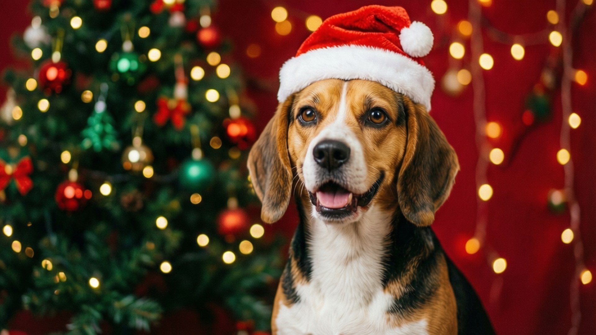 比格犬戴著紅色聖誕帽在聖誕樹旁微笑