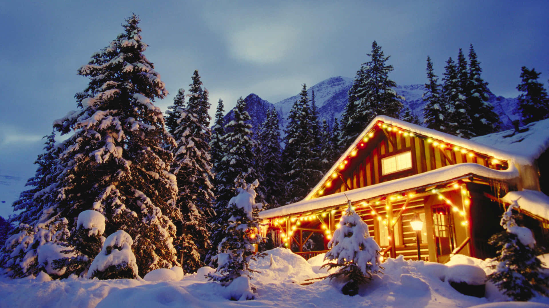 雪地森林中的舒適小屋，暮色中溫暖的燈光。