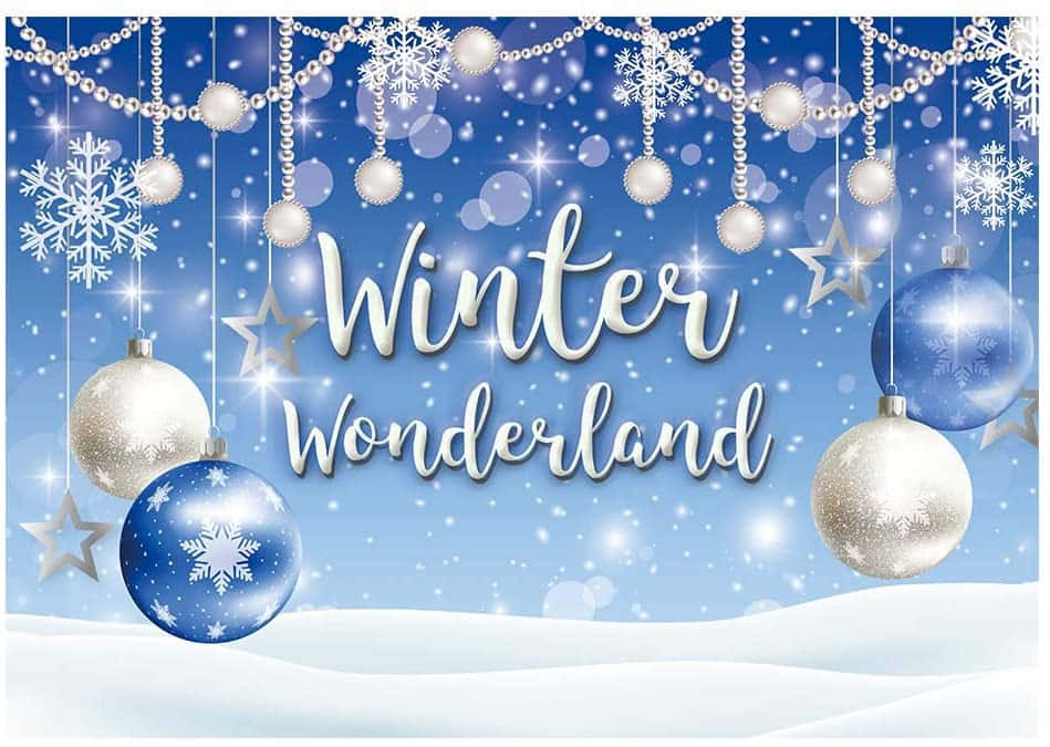 Winter Wonderland 文字被懸掛的雪花和裝飾品包圍，背景是雪地。