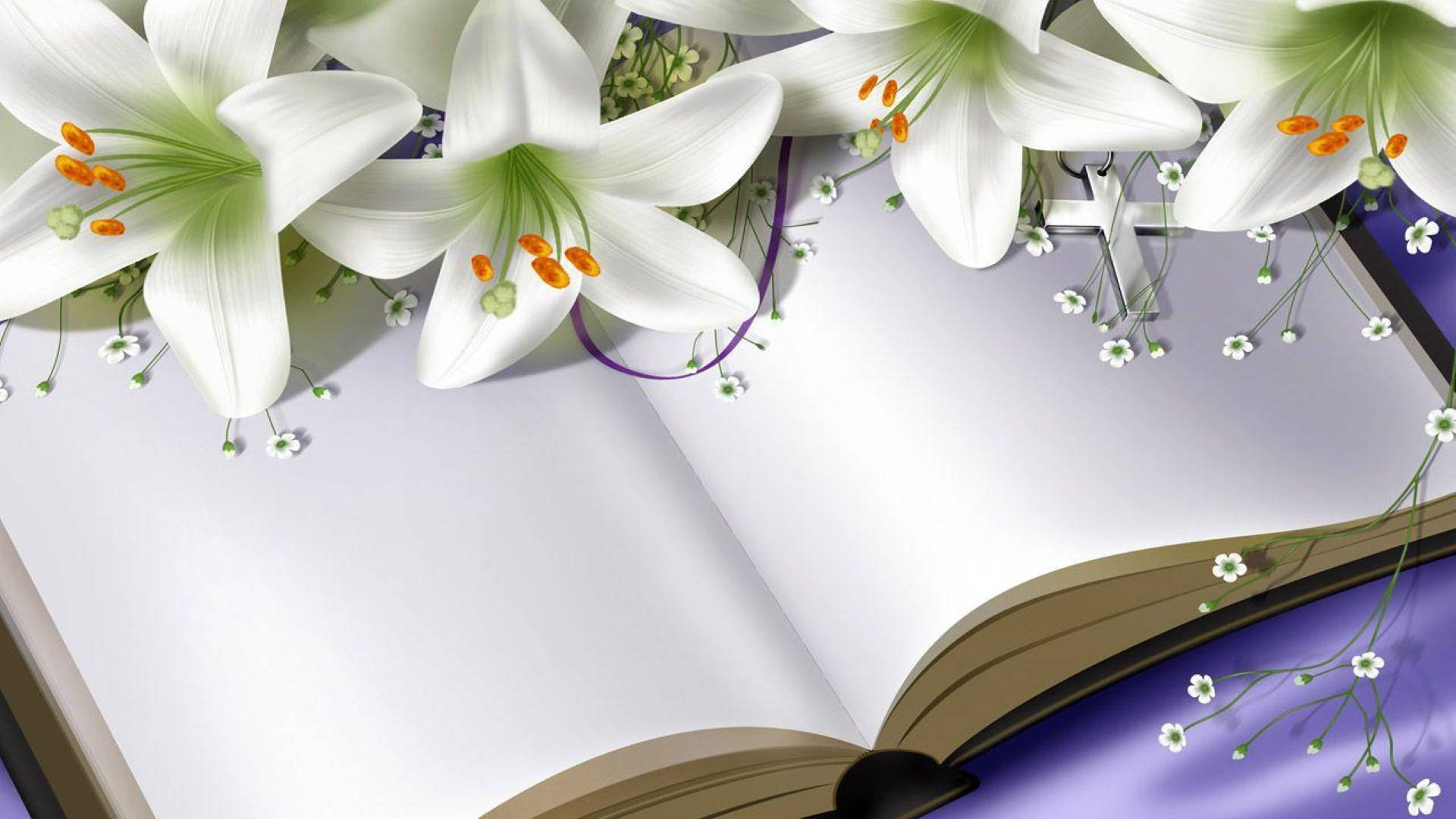 聖誕白百合 壁紙 — 白色百合花帶有橙色雄蕊，優雅地放在一本打開的書上，背景是紫色布料。
