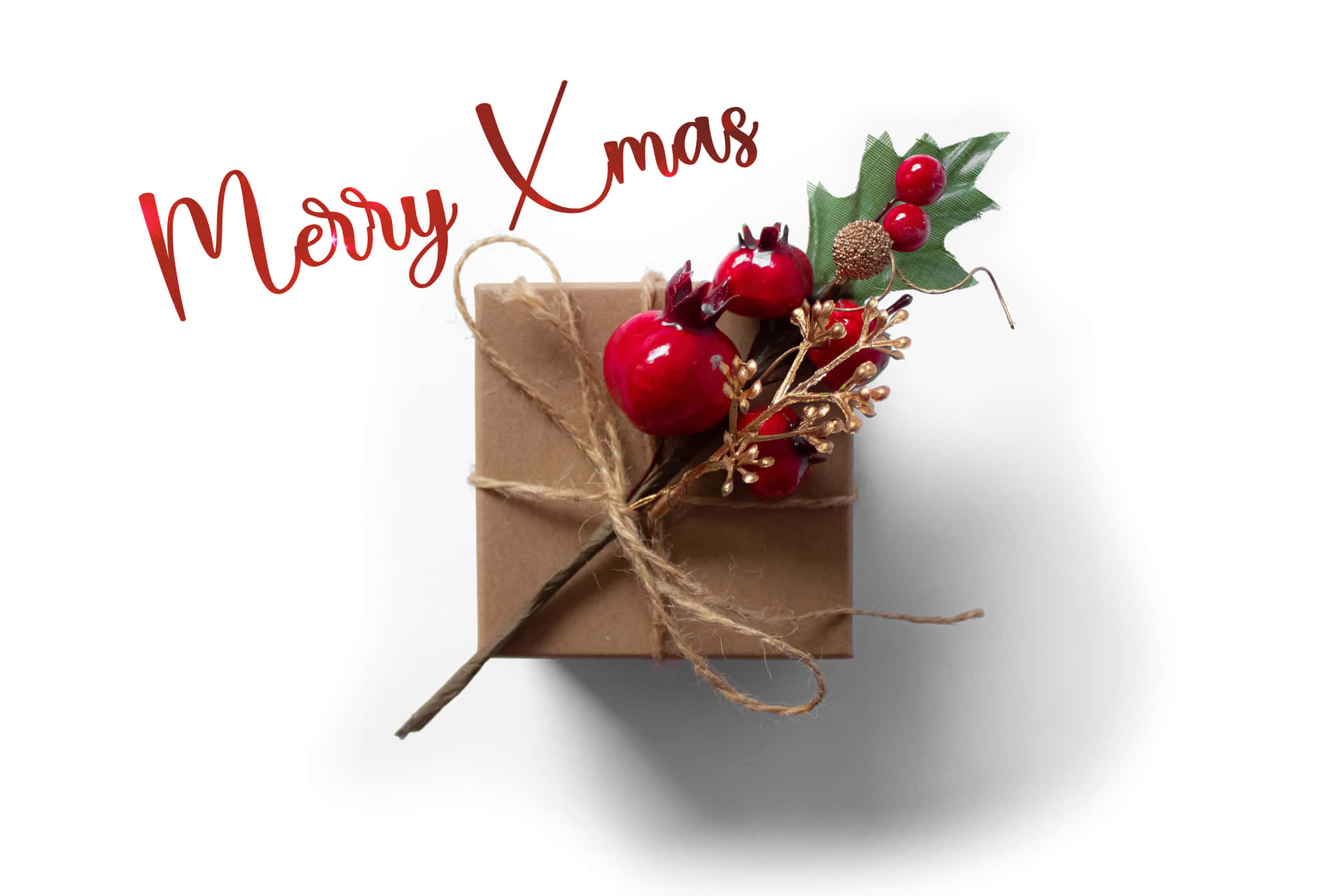 用棕色紙包裝的聖誕禮物，帶有冬青漿果和麻繩，文字為'Merry Xmas'。